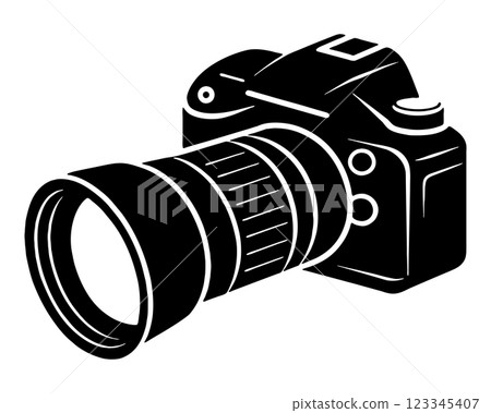 數位單眼相機的輪廓插圖,配有大型變焦鏡頭,在透明背景上裁剪 數位單眼相機的輪廓插圖,配有大型變焦鏡頭,在透明背景上裁剪 123345407