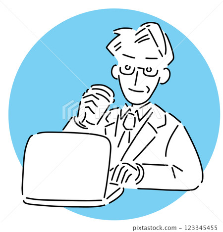 Middle-aged senior man in suit and glasses with laptop and coffee Vector illustration Middle-aged senior man in suit and glasses with laptop and coffee Vector illustration 123345455