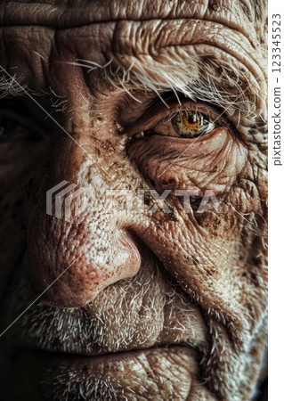 Close-Up Portrait of an Elderly Man with Wrinkled Skin and Expressive Eyes for Photography Projects and Artistic Use 123345523