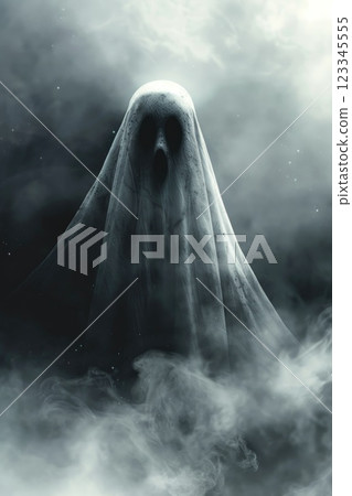 Spooky Halloween Ghost Costume Against Foggy Background in Eerie Light 123345555