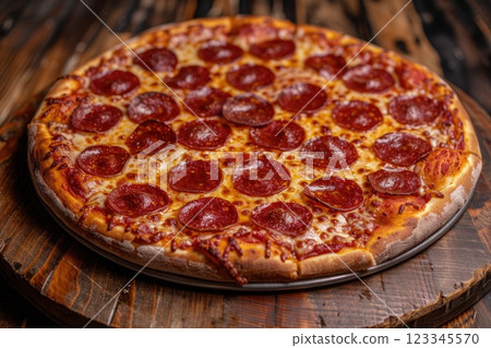 Delicious Pepperoni Pizza on Rustic Wooden Table Freshly Baked Italian Cuisine 123345570