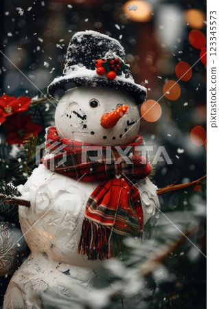 Cheerful Snowman with Red Hat and Scarf in Snowy Winter Wonderland 123345573