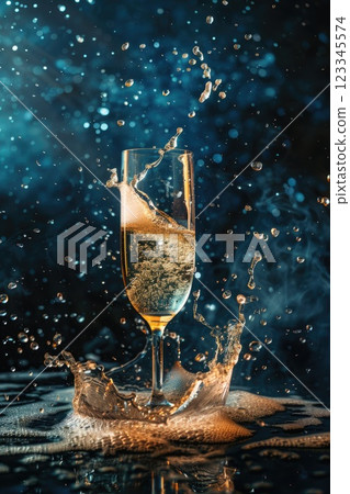 Champagne Glasses Splashing with Bubbles and Liquid Splash Effects in Artistic Design 123345574