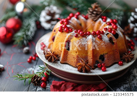 Festive Holiday Bundt Cake Decoration with Berries and Christmas Ornaments 123345575