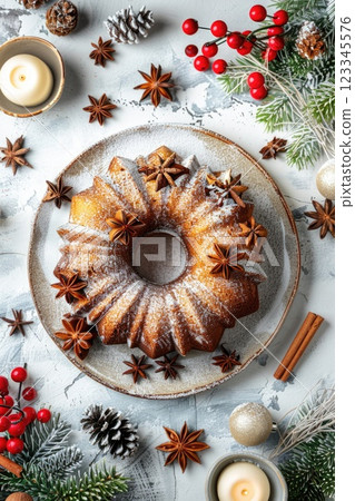 Festive Holiday Bundt Cake with Red Berries and Pine Cones on Wooden Table 123345576