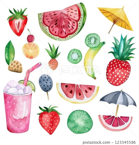 Summer Beach Vibes: Tropical Drinks, Fruits, and Beach Accessories 123345586