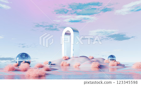3D render, Abstract metallic structure on landscape with surreal pink and blue hues background 123345598