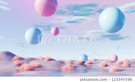 3D render, Surreal floating spheres in pink and blue landscape with soft clouds 123345599