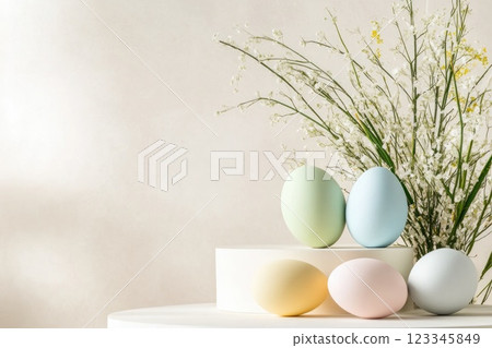 Pastel easter eggs with delicate flowers on minimalist background 123345849