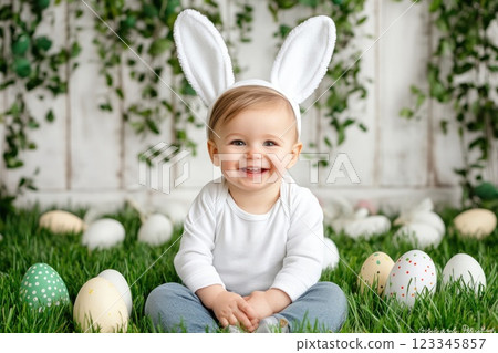 Adorable baby in bunny ears surrounded by colorful easter eggs on grass 123345857