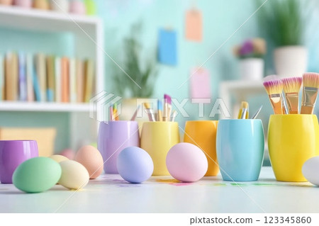 Colorful easter eggs and brushes in pastel containers with leafy background Colorful easter eggs and brushes in pastel containers with leafy background 123345860