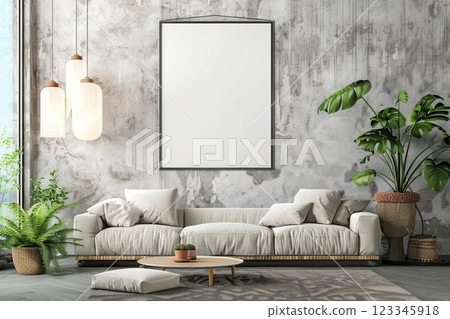 Modern Living Room Interior with Blank Poster Frame on Concrete Wall 123345918