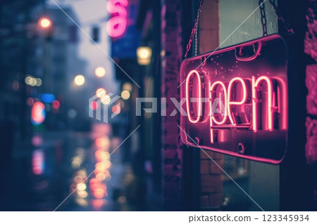 Neon 'Open' Sign Illuminating Rainy City Street at Night 123345934
