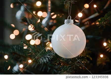 Sparkling Festive Morning with White Christmas Ornament and Twinkling Tree Lights 123345936
