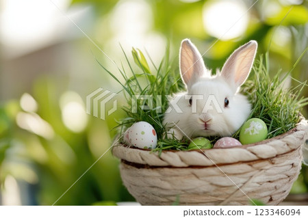 Adorable white rabbit in a nest with colorful easter eggs amidst spring scenery 123346094