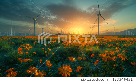 Wind turbines in a vibrant flower field during sunset in a rural landscape. Generative AI 123346431