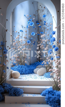 Elegant blue flowers in vases arranged in a serene interior setting. Generative AI 123346460