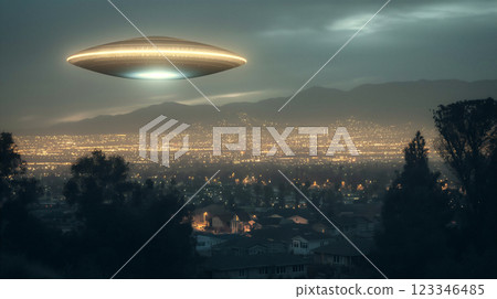 Mysterious flying saucer hovers above quiet rural town under clear sky during midday. Generative AI Mysterious flying saucer hovers above quiet rural town under clear sky during midday. Generative AI 123346485