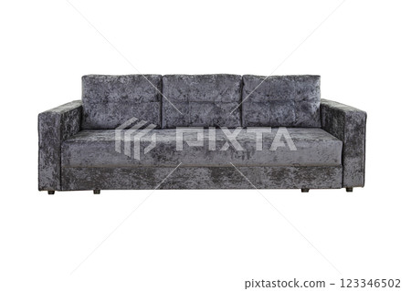 Gray sofa with velor fabric pillows isolated on a white background. Cushioned furniture. Gray sofa with velor fabric pillows isolated on a white background. Cushioned furniture. 123346502