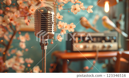 Announcement for a radio broadcast with vintage microphone, blooming roses at evening. Generative AI 123346516