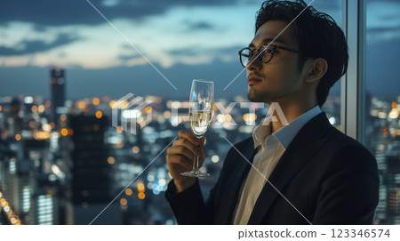 一名男子正在喝香檳，背景是城市景觀（AI 生成的圖像） 123346574