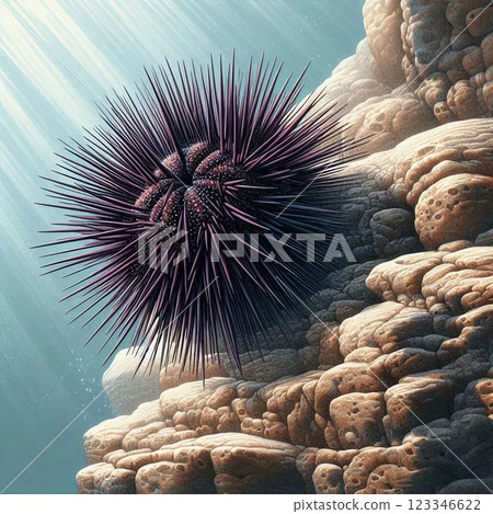 生活在岩礁上的紫海膽 123346622