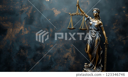 Bronze statue of Lady Justice holding scales and sword stands on textured background. Generative AI 123346746