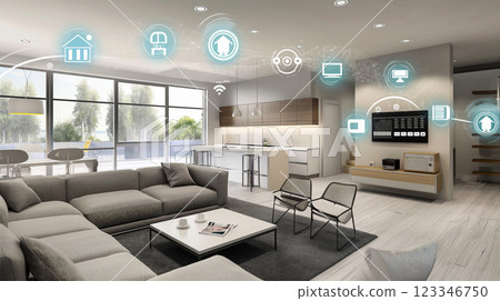Modern living room integrated with smart technology and open kitchen design. Generative AI 123346750