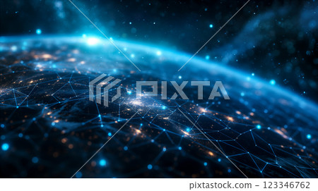 Digital representation of Earth highlighting data connections throughout the globe. Generative AI 123346762