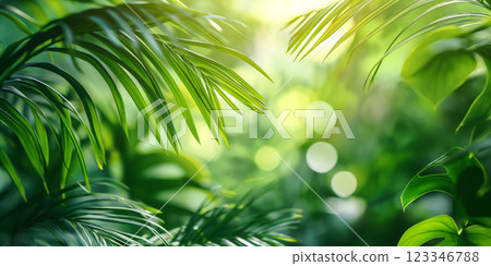 Soft Focus Palm Leaves in Sunlight. Generative AI 123346788