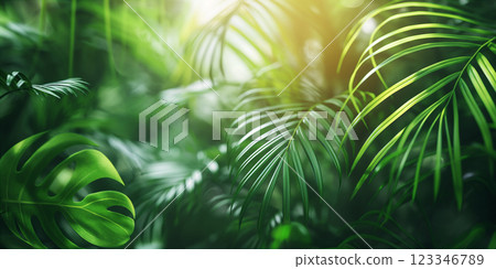 Soft Focus Palm Leaves in Sunlight. Generative AI 123346789