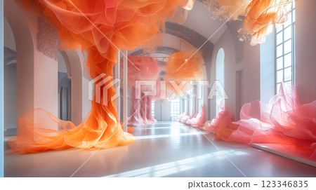 Bright room with white floors and walls with large art pieces, creative background. Generative AI 123346835