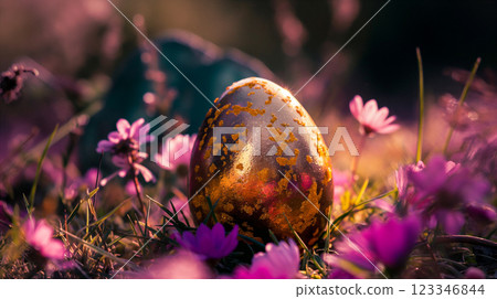 Decorated Easter egg with colorful flowers in sunny garden, Easter holiday background. Generative AI 123346844