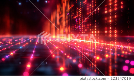 Vibrant digital network with bright binary code flowing in dark background. Generative AI 123347019