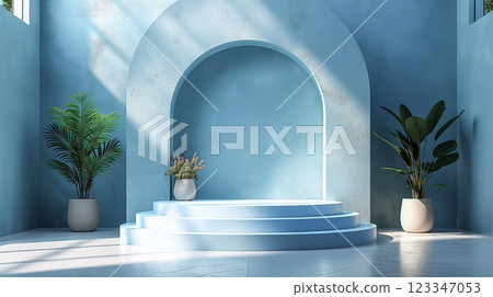 Abstract blue interior with blue pedestal, podium and soft lights and shadows. Generative AI 123347053