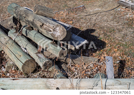 Illegal dumping of construction timber 123347061