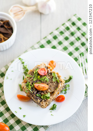 cooked bulgur with mushrooms and vegetables cooked bulgur with mushrooms and vegetables 123347210