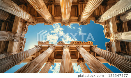 Architectural marvel of ancient columns illuminated from above in a historic site. Generative AI 123347377