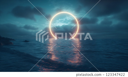 Glowing neon circle light radiates over ocean at sunset, abstract surreal background. Generative AI 123347422