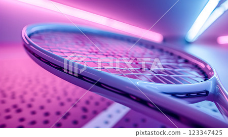 Close Up of a Tennis Racquet String Pattern at Sunset. Generative AI 123347425