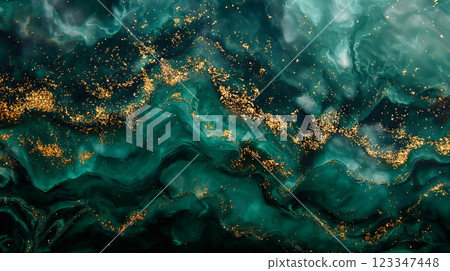 Dark green abstract background with glitter accents made with alcohol ink technique. Generative AI 123347448
