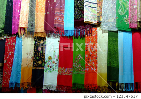 Colorful silk scarves 123347617