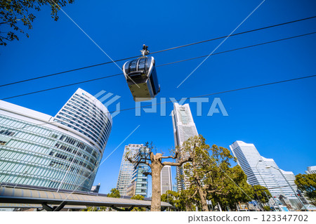 日本橫濱城市景觀：砍伐街道樹木…橫濱地標塔與橫濱機艙景觀 123347702