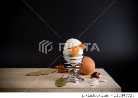 morning boiled egg with lightly salted salmon for breakfast, isolated on black background morning boiled egg with lightly salted salmon for breakfast, isolated on black background 123347723