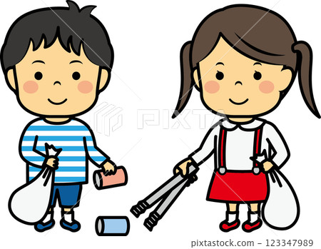 Elementary school students picking up trash Elementary school students picking up trash 123347989