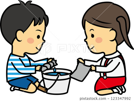 小學男孩和女孩擰乾抹布 123347992