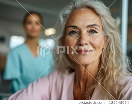 Portrait with senior woman on rehabilitation session with doctor trainer, poster emphasizing gentle movements and therapy, care activities improving overall health of seniors Portrait with senior woman on rehabilitation session with doctor trainer, poster emphasizing gentle movements and therapy, care activities improving overall health of seniors 123348024