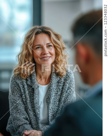 Middle aged woman sitting in a doctor's office with a grateful expression on her face, she smiles warmly while talking to the doctor sitting opposite her in the foreground, vertical portrait 123348032