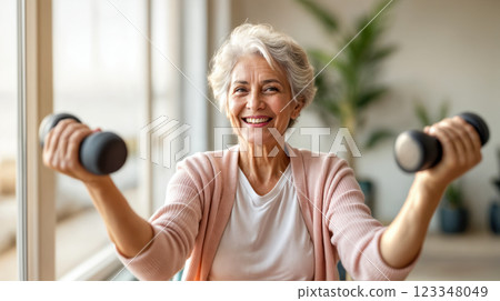 Smiling older woman exercising in bright hall, the concept of health activities that support an active lifestyle for older people and improve health and well-being Smiling older woman exercising in bright hall, the concept of health activities that support an active lifestyle for older people and improve health and well-being 123348049