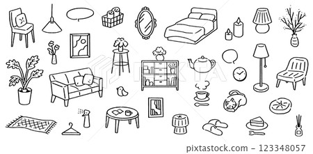 手繪住宅內部向量插圖。家具套裝包括沙發和床。 123348057